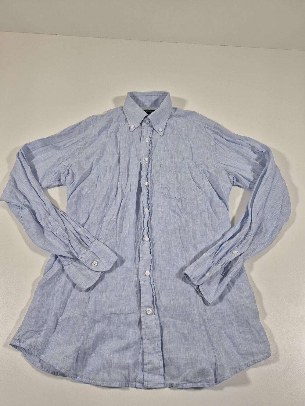 Spier & Mackay Dress Shirt Men's 16 34/35 Blue Solid 100% Linen Slim Fit